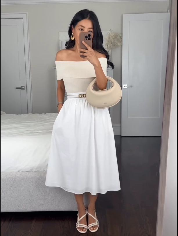 Off-Shoulder White Top with White Midi Skirt Old Money Outfit