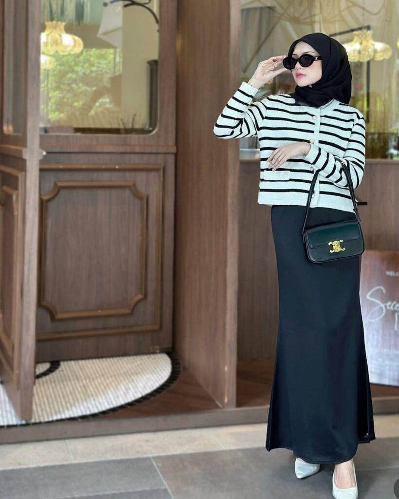 Striped Cardigan with Black Satin Skirt Old Money Outfit