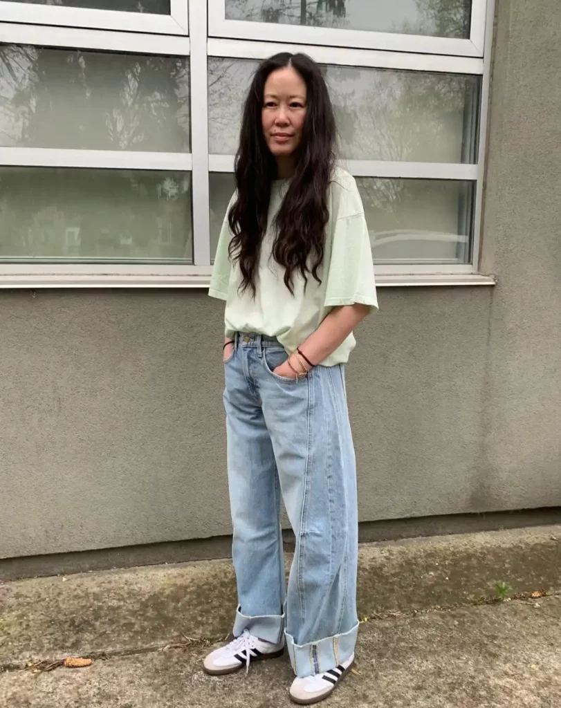 Mint Green Tee with Light Blue Relaxed Jeans Office Outfit