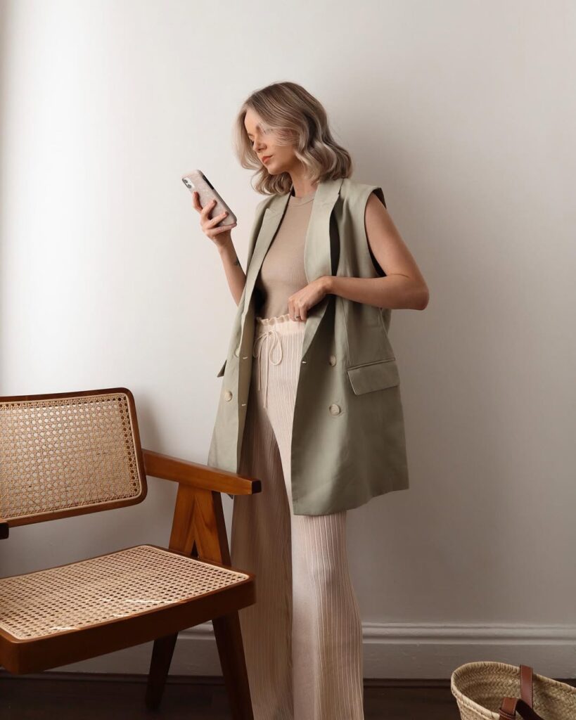 Neutral Sleeveless Blazer with Soft Knit Set