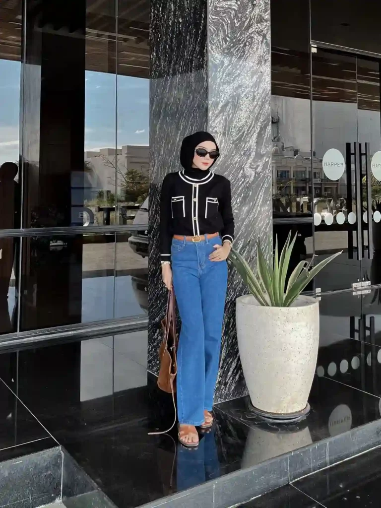 Black Knit Top with Blue Jeans Office Outfit