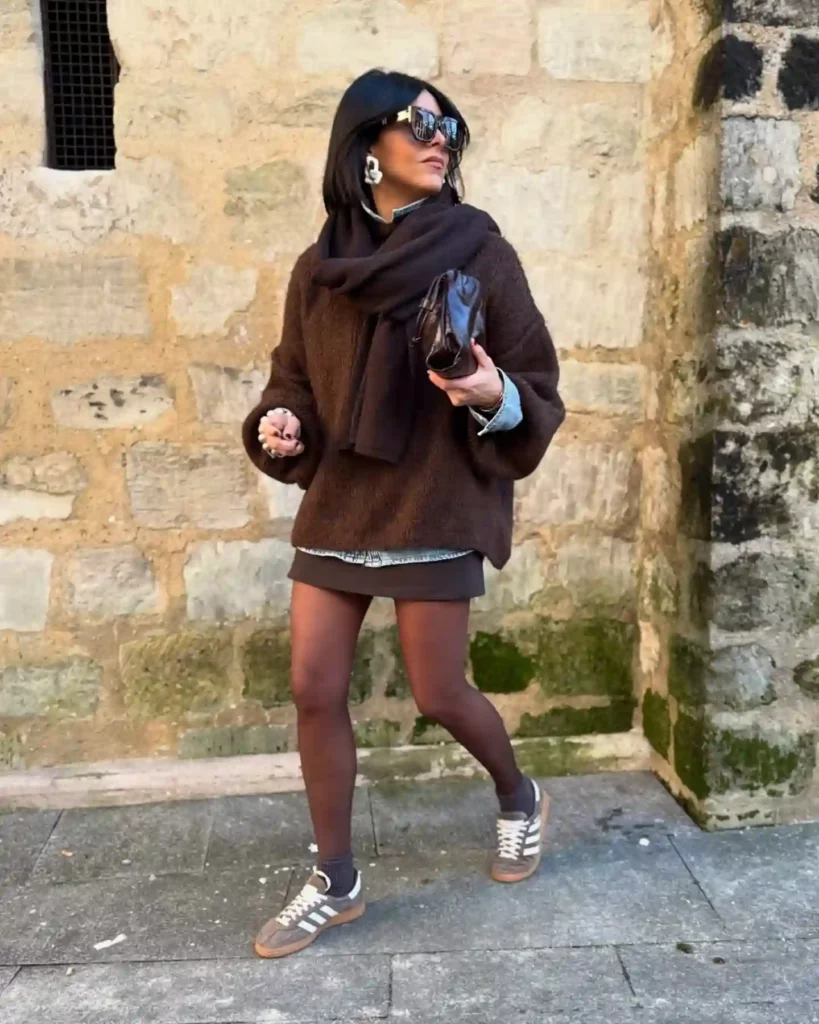 Brown Knit Sweater with Brown Mini Skirt Old Money Outfit