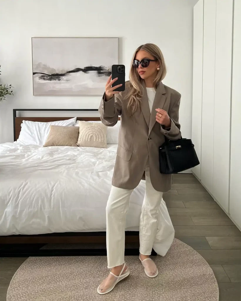 Taupe Blazer with White Jeans Office Outfit