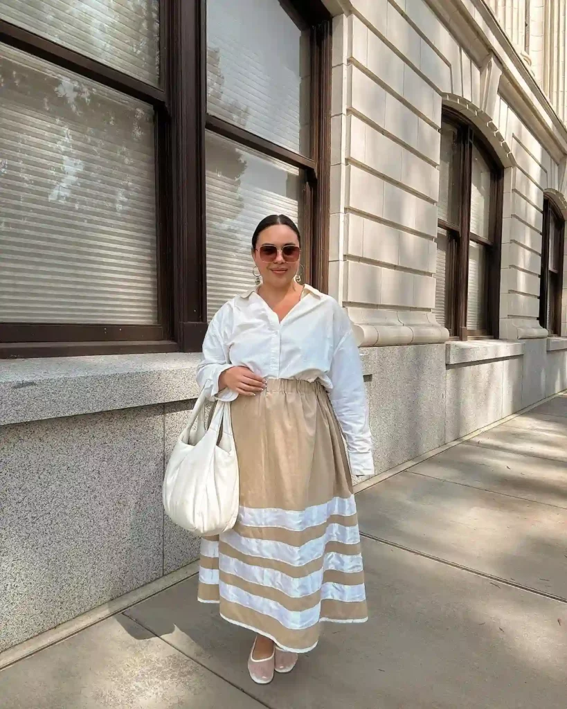 White Shirt with Beige Maxi Skirt Old Money Summer Outfit