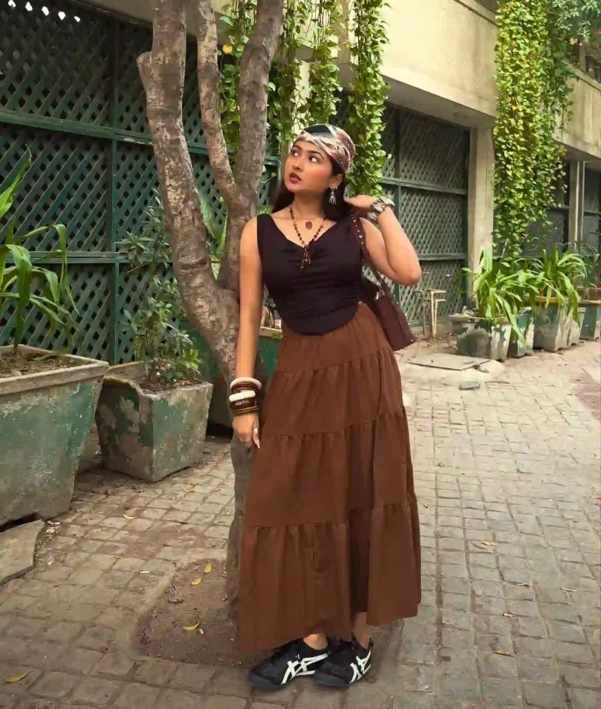 Dark Brown Top with Tiered Brown Skirt Old Money Outfit