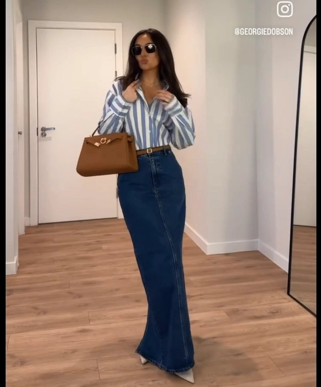 Blue Striped Shirt with Dark Denim Maxi Skirt Old Money Outfit