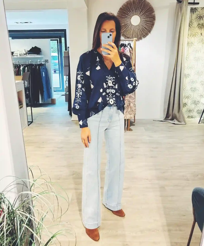 Printed Navy Blouse with Light Blue Jeans Office Outfit