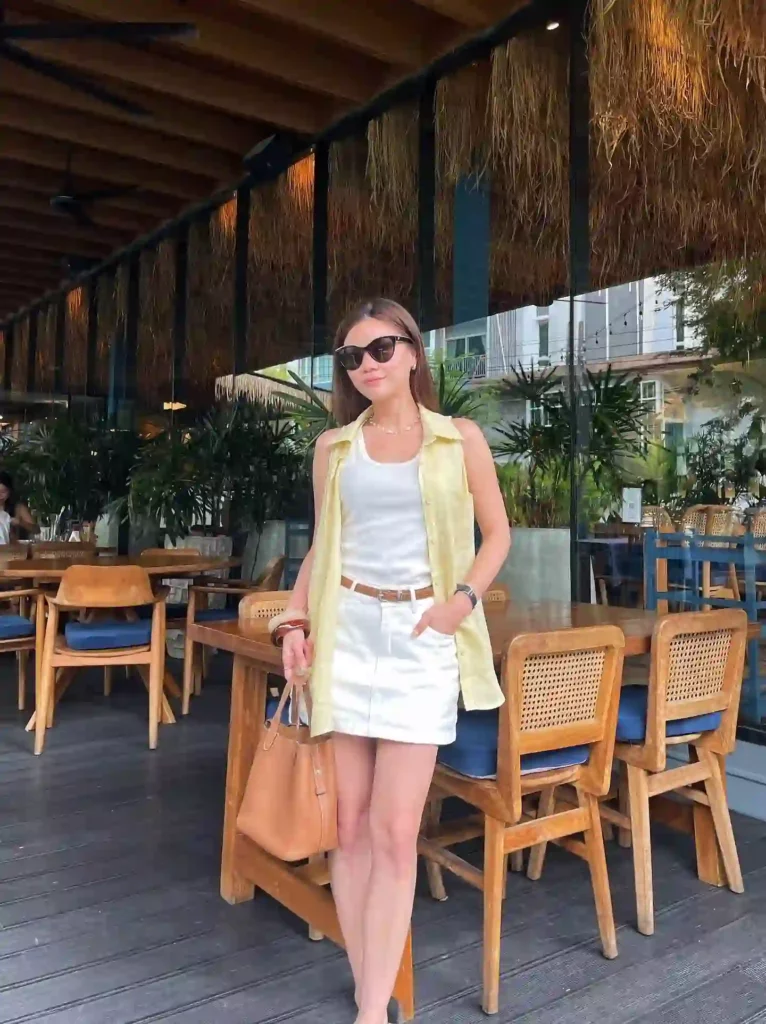 Sleeveless Yellow Shirt with White Mini Skirt Old Money Summer Outfit