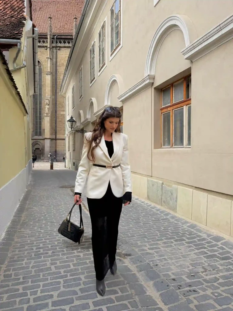 White Blazer with Black Maxi Dress Office Outfit