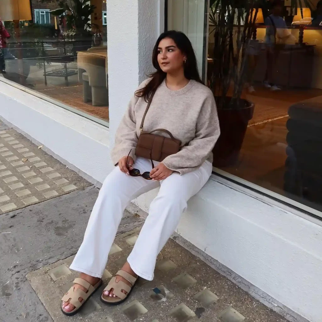 Beige Sweater with White Jeans Office Outfit