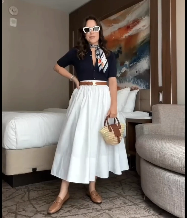 Navy Top with White A-Line Skirt Old Money Outfit