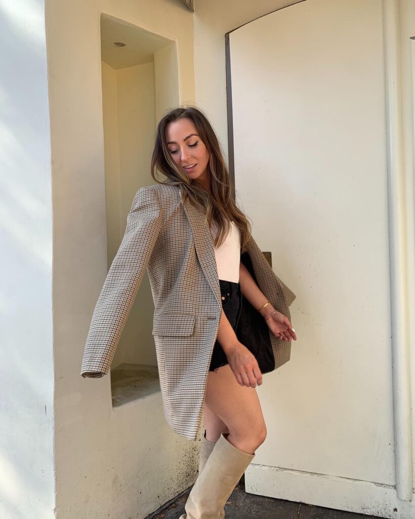 Checked Blazer with Black Shorts Outfit