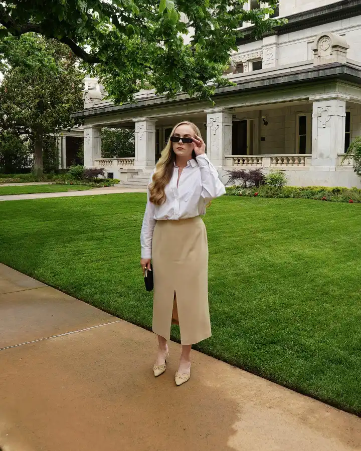White Button Shirt with Beige Midi Skirt Old Money Summer Outfit