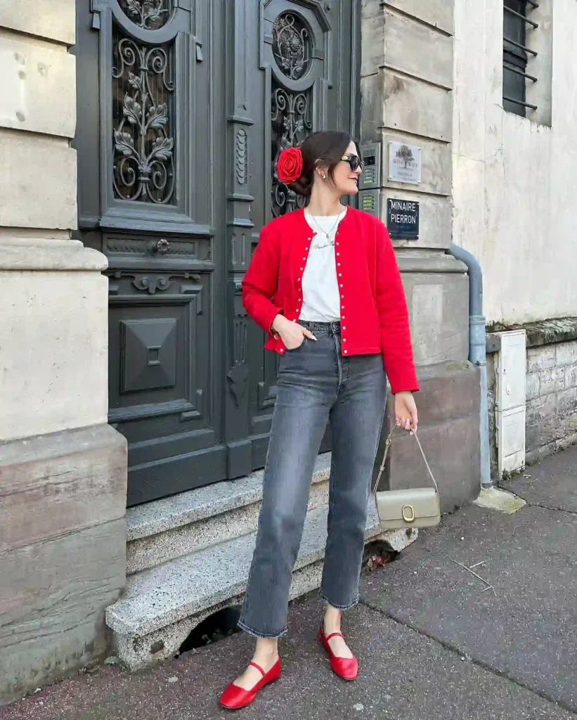 Red Cardigan with Grey Straight-Leg Jeans Office Outfit