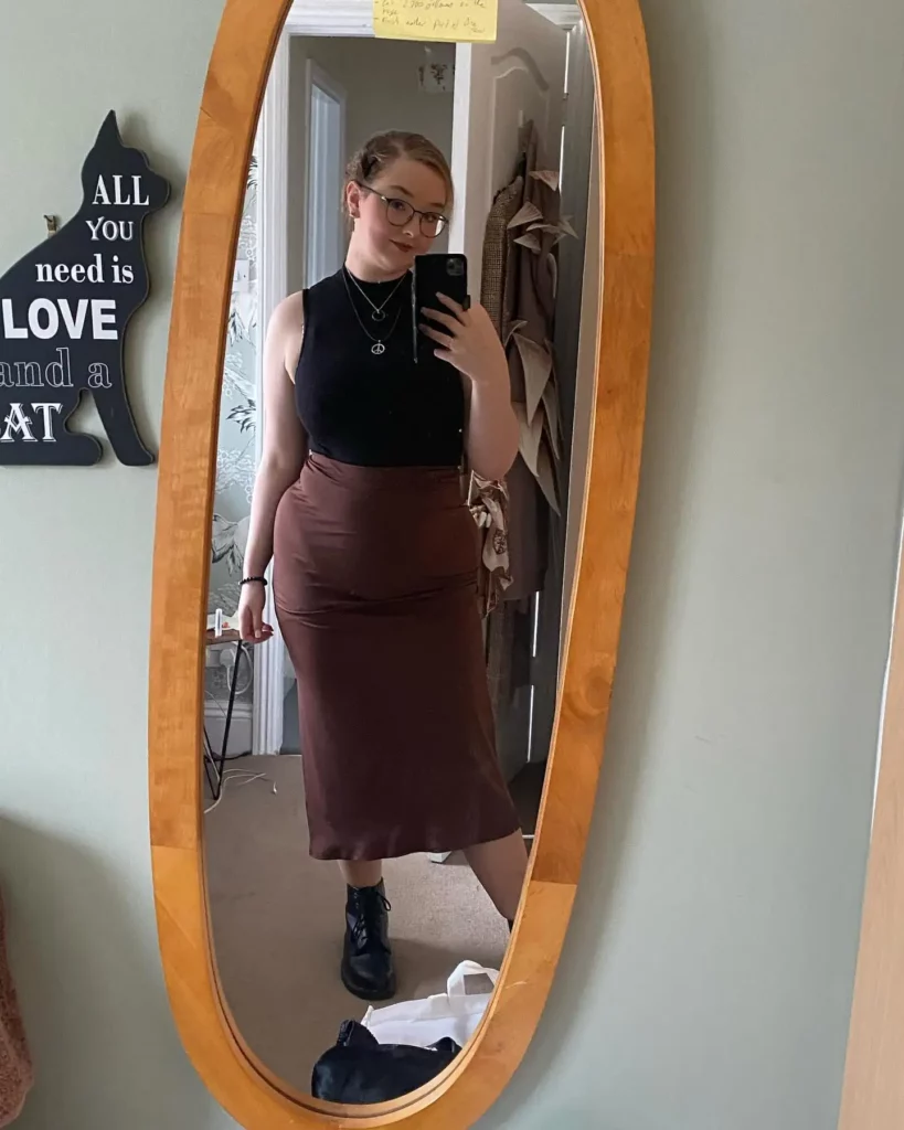 Black Sleeveless Top with Brown Satin Skirt Old Money Outfit