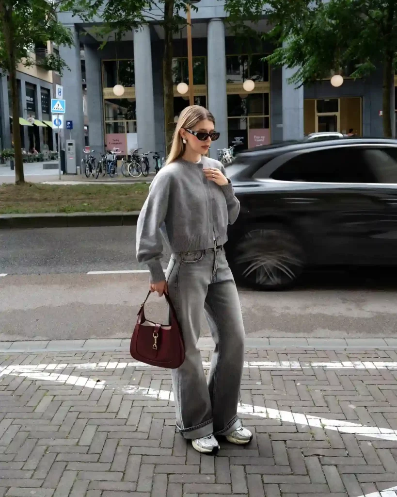 Grey Cardigan with Wide-Leg Grey Jeans Office Outfit