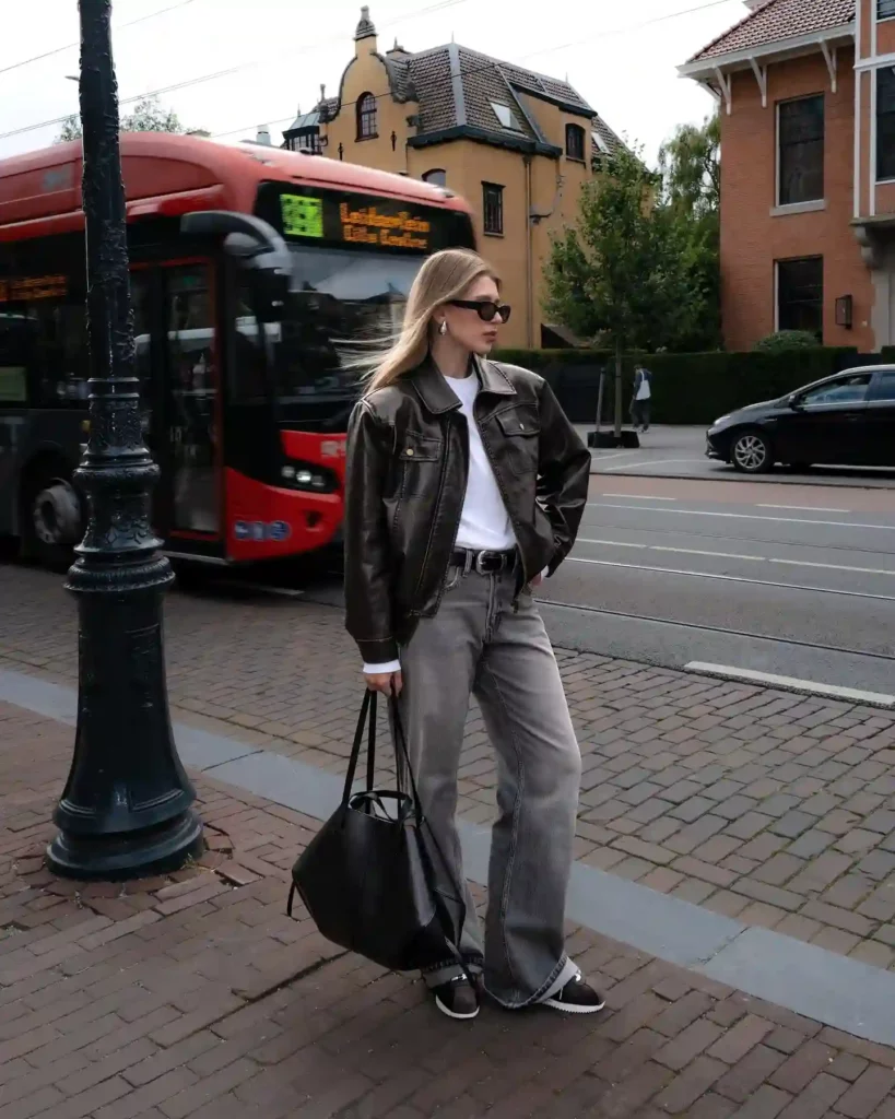 Leather Jacket with Grey Wide-Leg Jeans Office Outfit