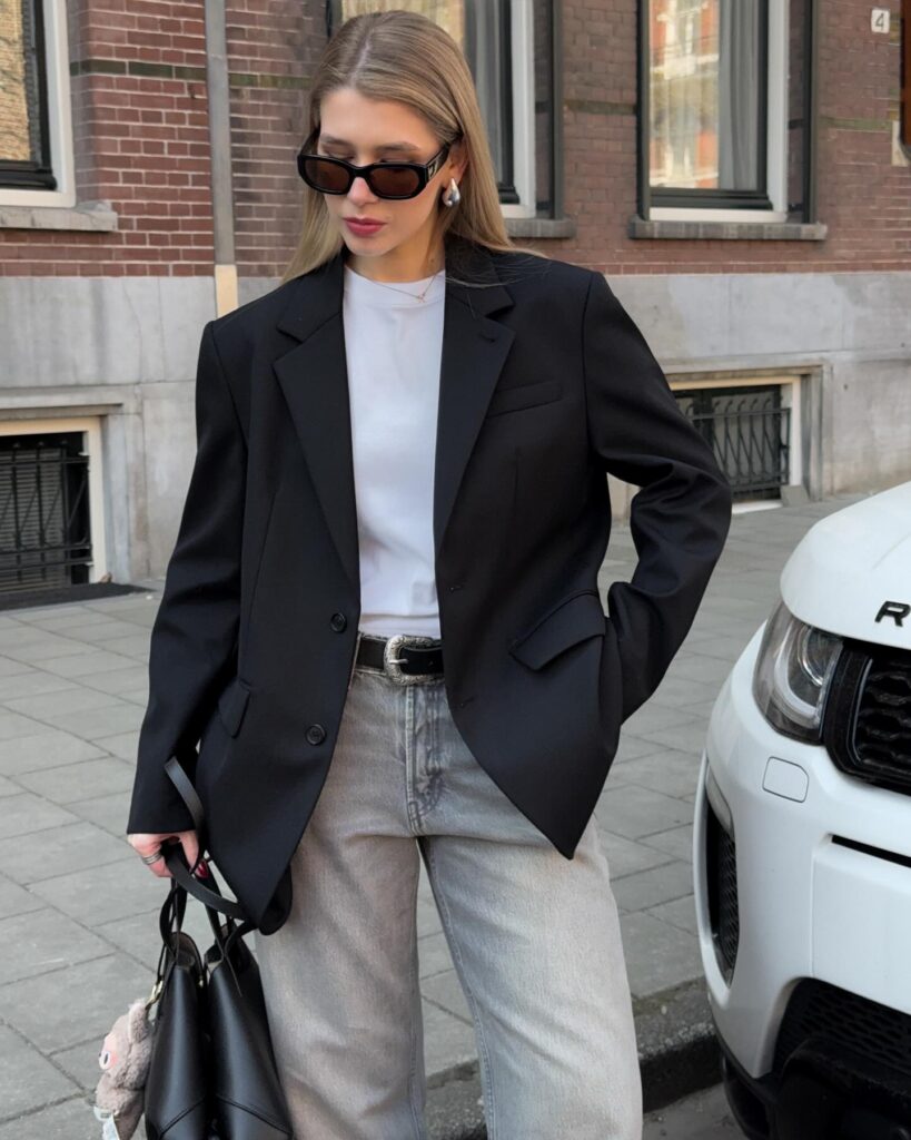 Black Blazer with Grey Jeans Office Outfit