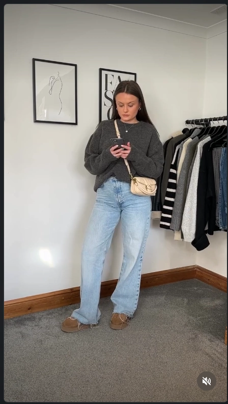 Charcoal Sweater with Light Blue Jeans Office Outfit