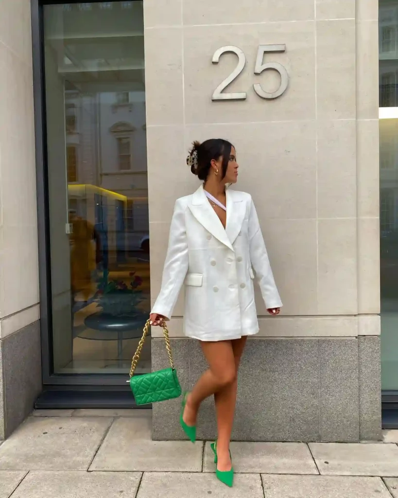 White Blazer Dress with Green Accessories Office Outfit