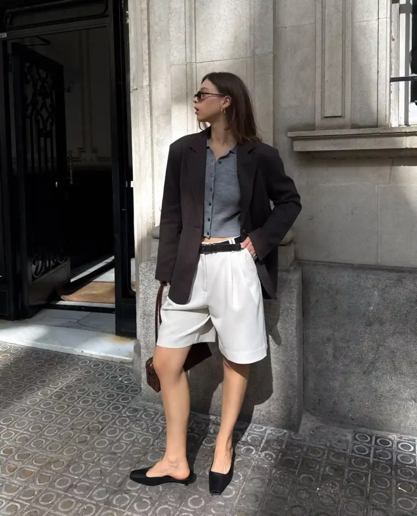 Brown Blazer with White Tailored Shorts Outfit
