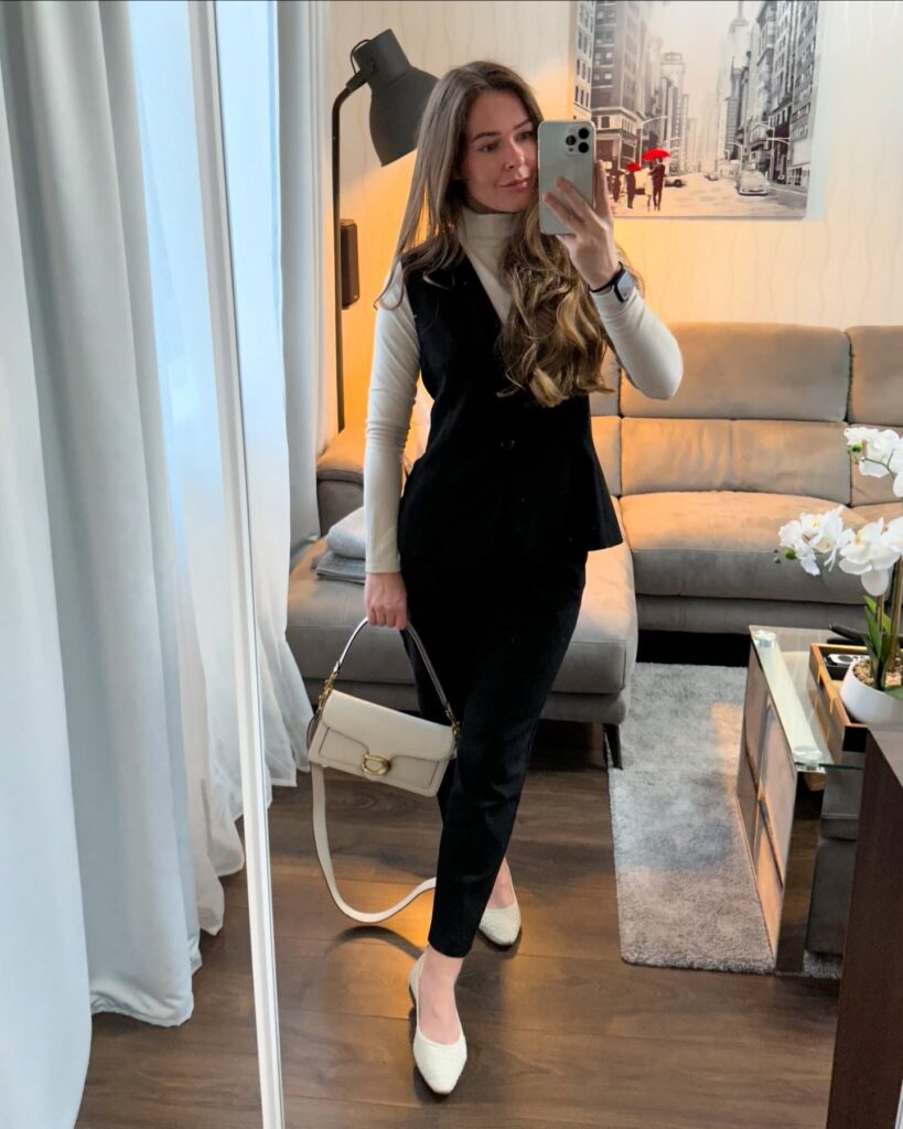Sleeveless Blazer with Turtleneck and Slim Trousers