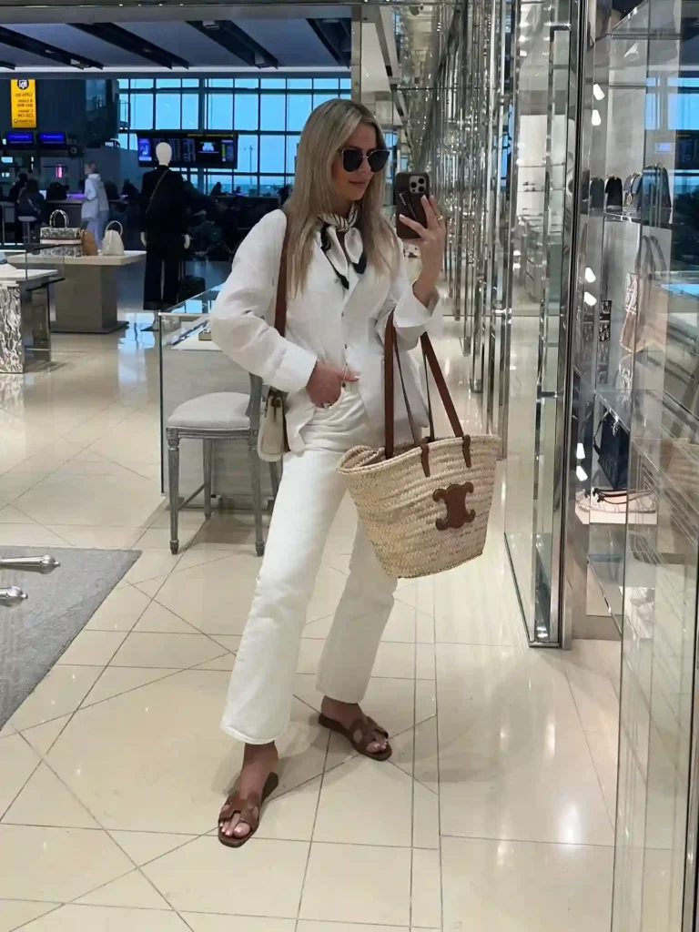 White Button-Down Shirt with White Jeans Office Outfit