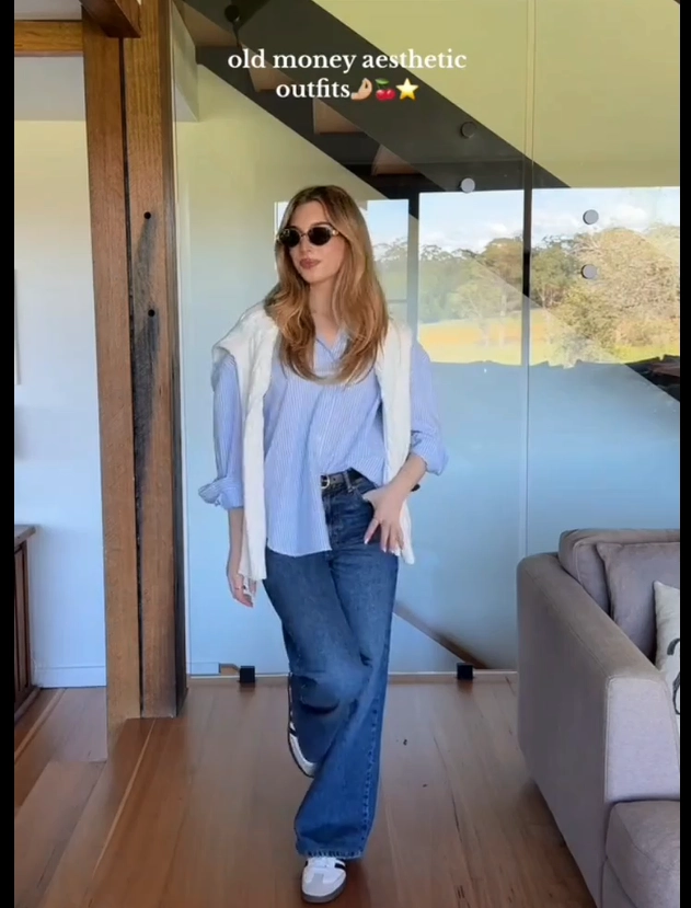 Blue Striped Shirt with Dark Baggy Jeans Old Money Outfit