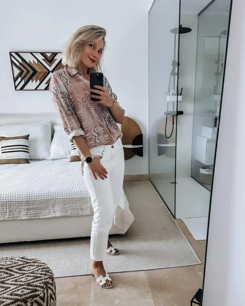 Printed Blouse with White Jeans Office Outfit