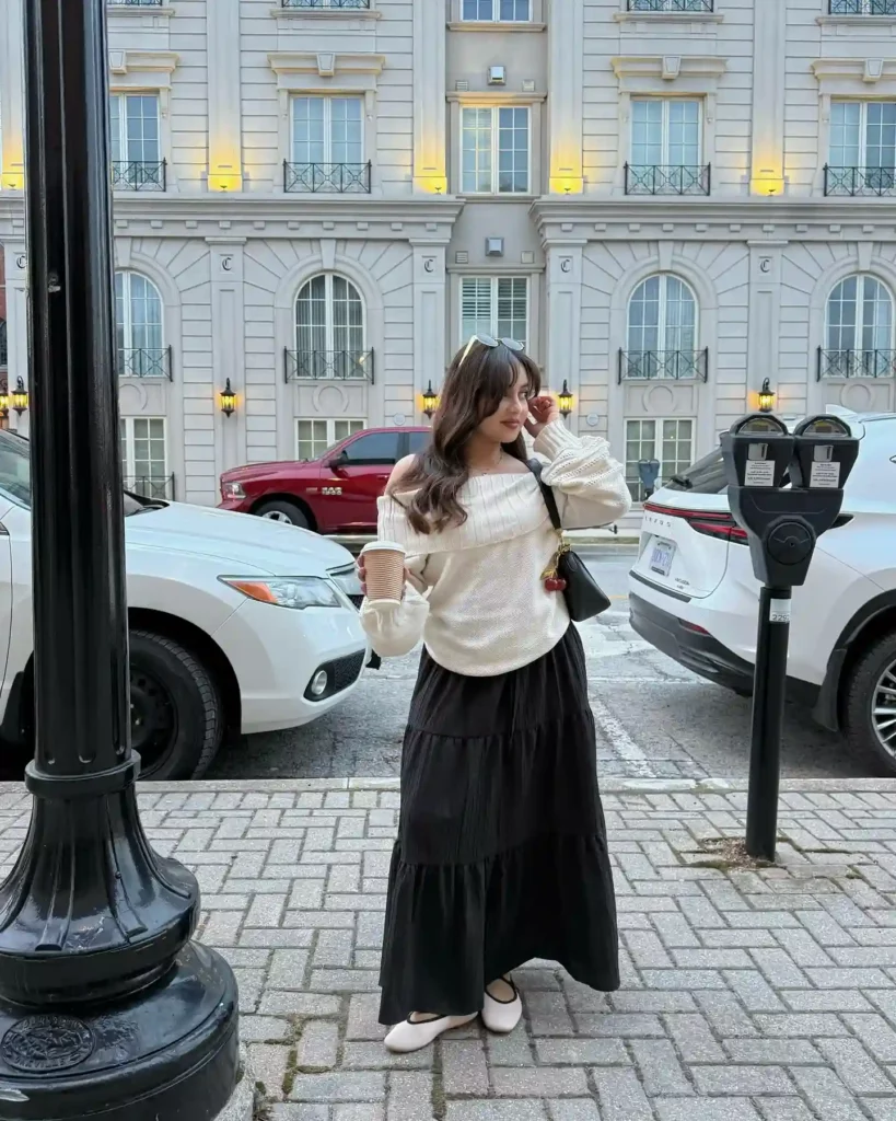 Cream Knit Sweater with Black Maxi Skirt Old Money Outfit