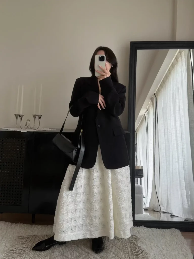 Black Blazer with Textured White Midi Skirt Old Money Outfit