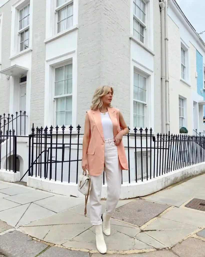Peach Sleeveless Blazer with White Top and Jeans