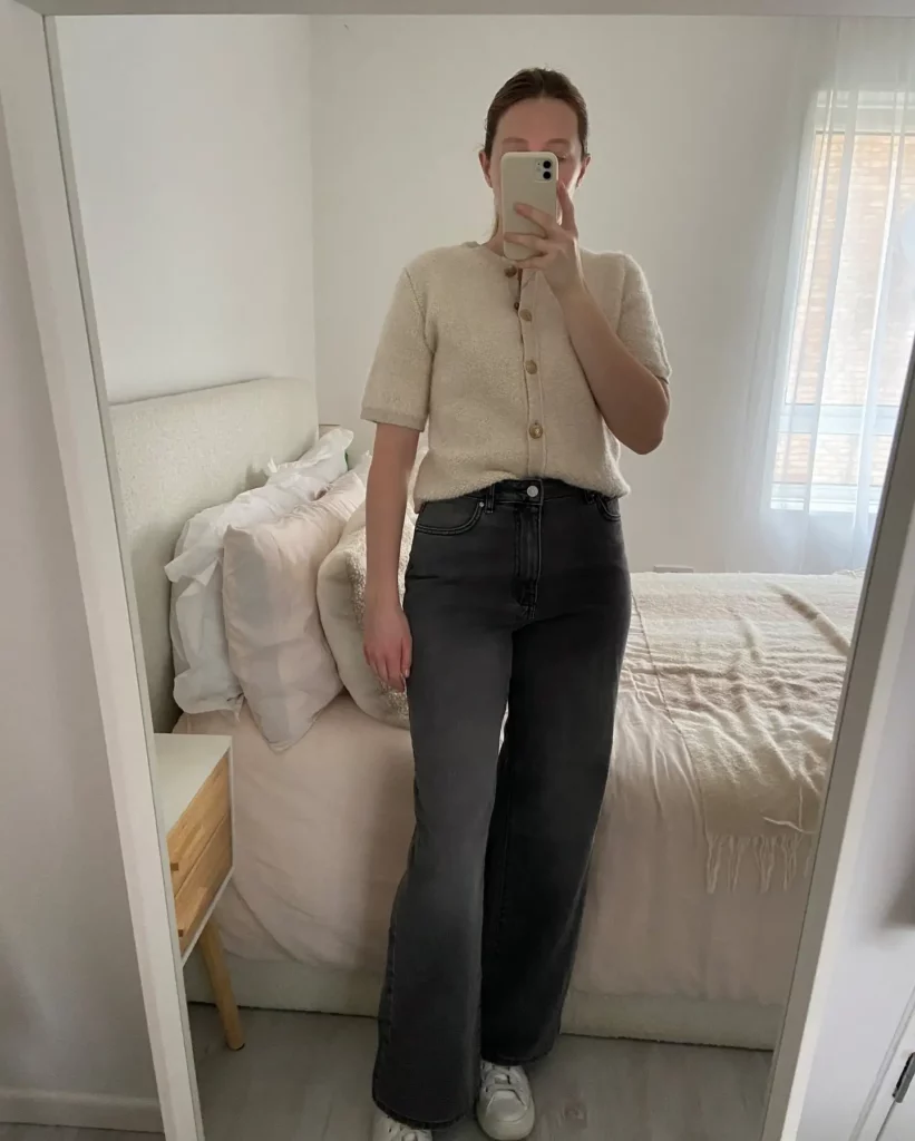 Cream Knit Top with Grey Wide-Leg Jeans Office Outfit