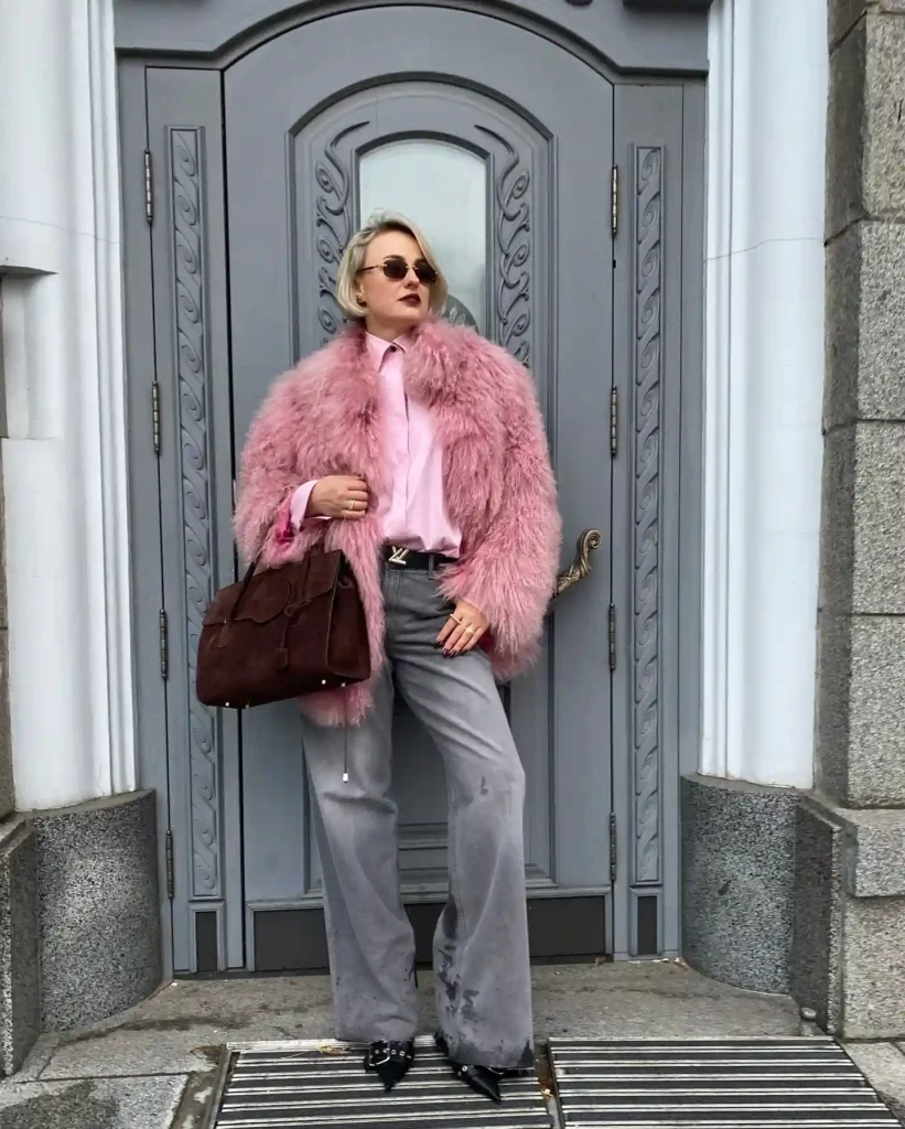 Pink Fur Jacket with Grey Wide-Leg Jeans Office Outfit