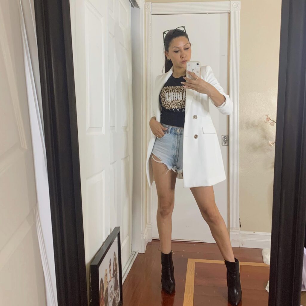 White Blazer with Graphic Tee and Denim Shorts Office Outfit