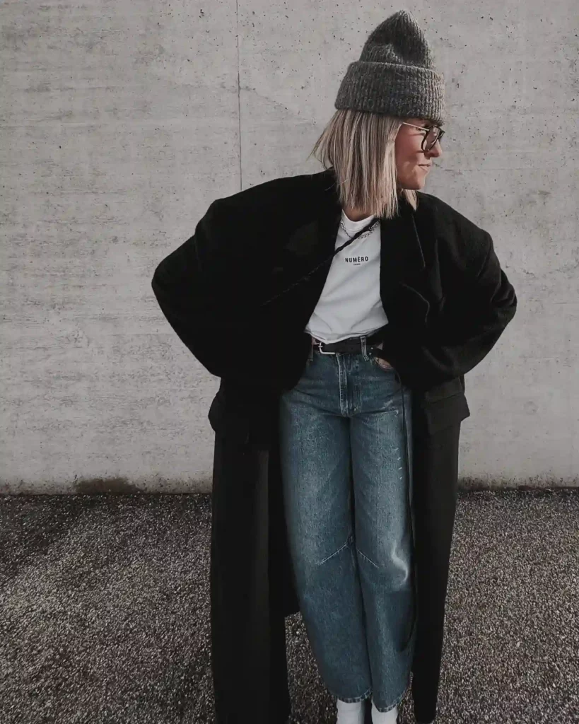 Black Coat with Light Blue Straight Jeans Office Outfit