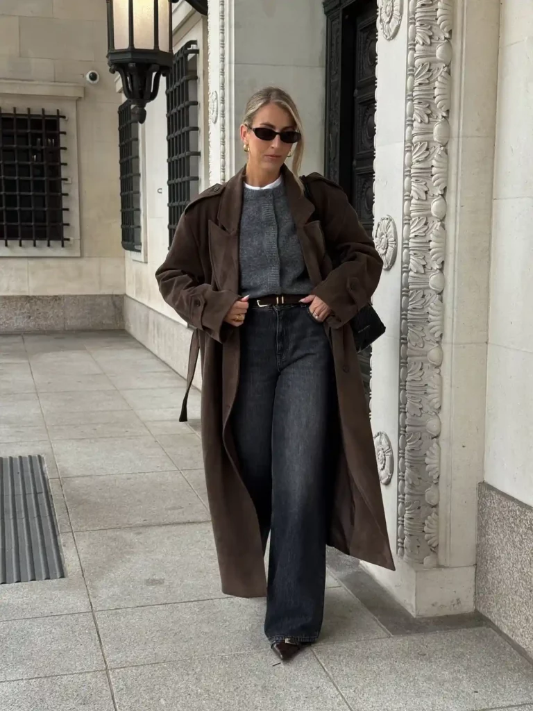 Brown Trench Coat with Dark Grey Jeans Office Outfit