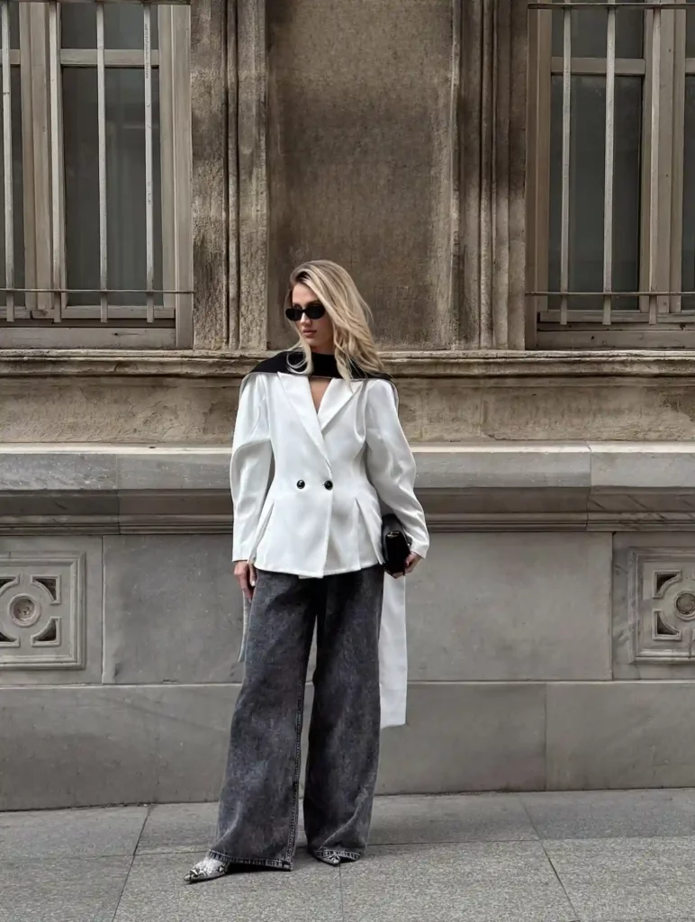 Tailored White Blazer with Wide-Leg Washed Jeans Office Outfit