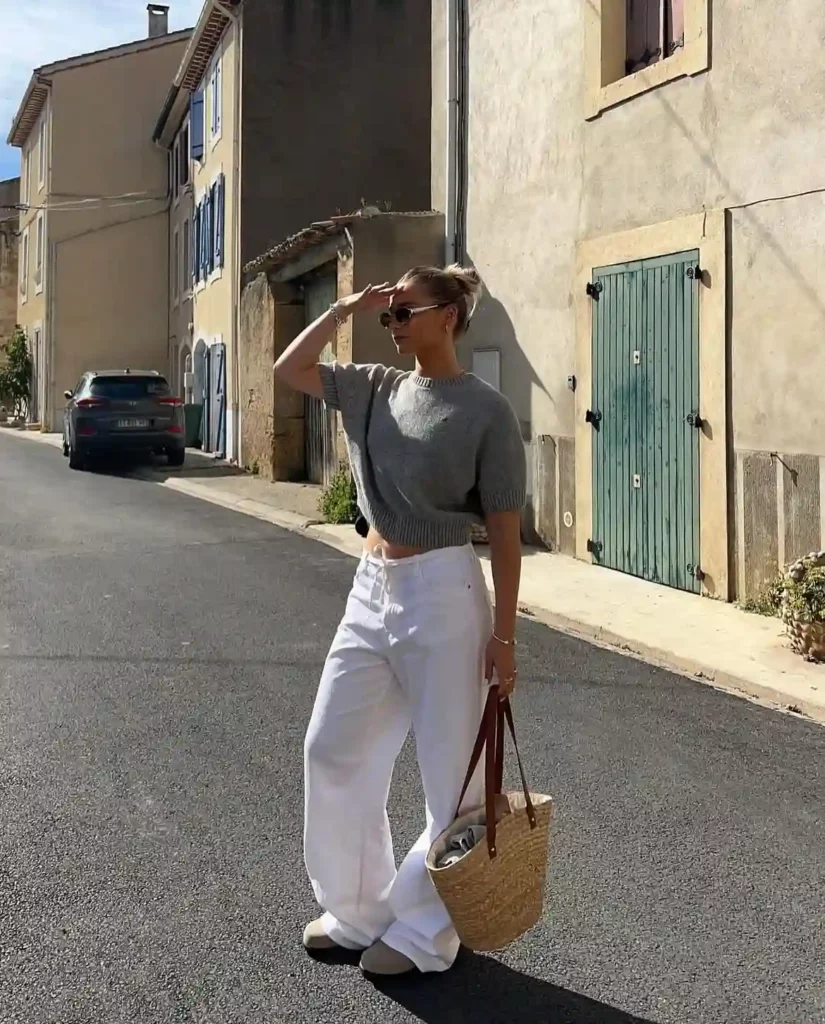 Gray Knit Top with White Jeans Office Outfit