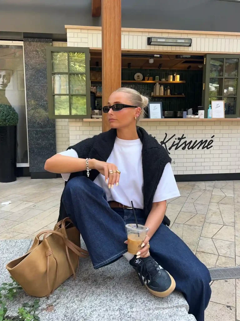 White Tee with Dark Blue Jeans Office Outfit