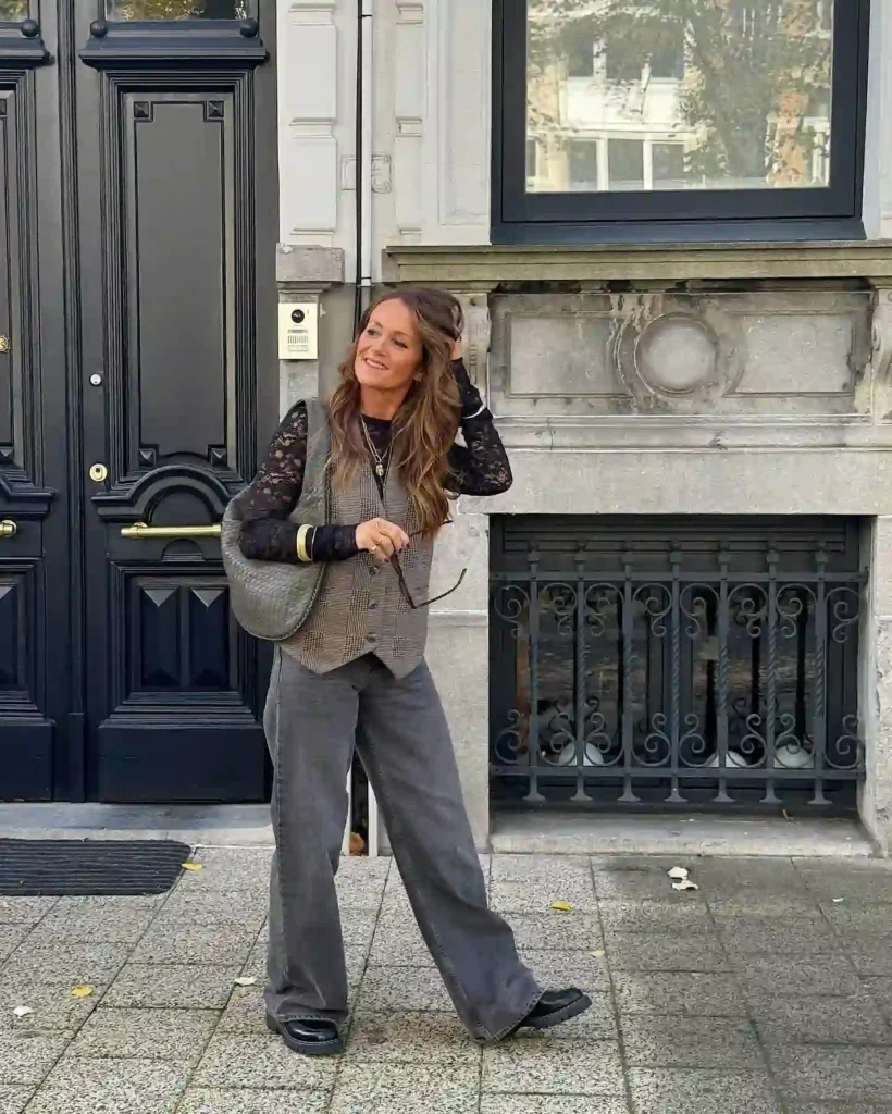 Plaid Vest with Grey Wide-Leg Jeans Office Outfit