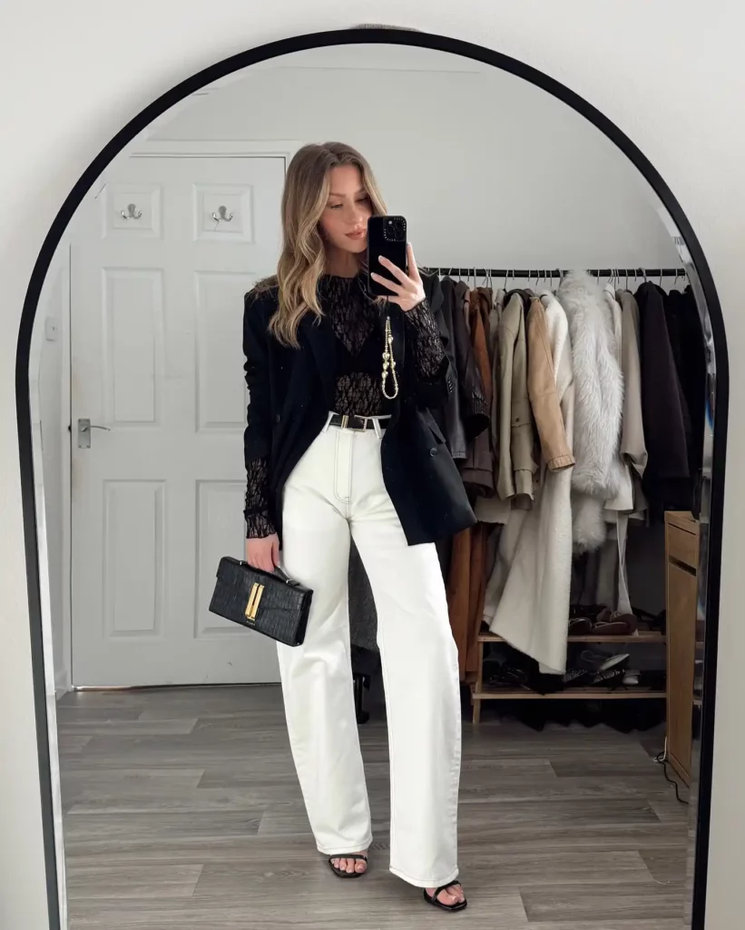 Black Blazer with White Jeans Office Outfit