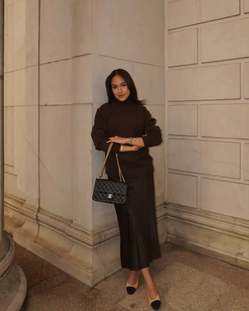 Dark Brown Sweater with Brown Satin Skirt Old Money Outfit