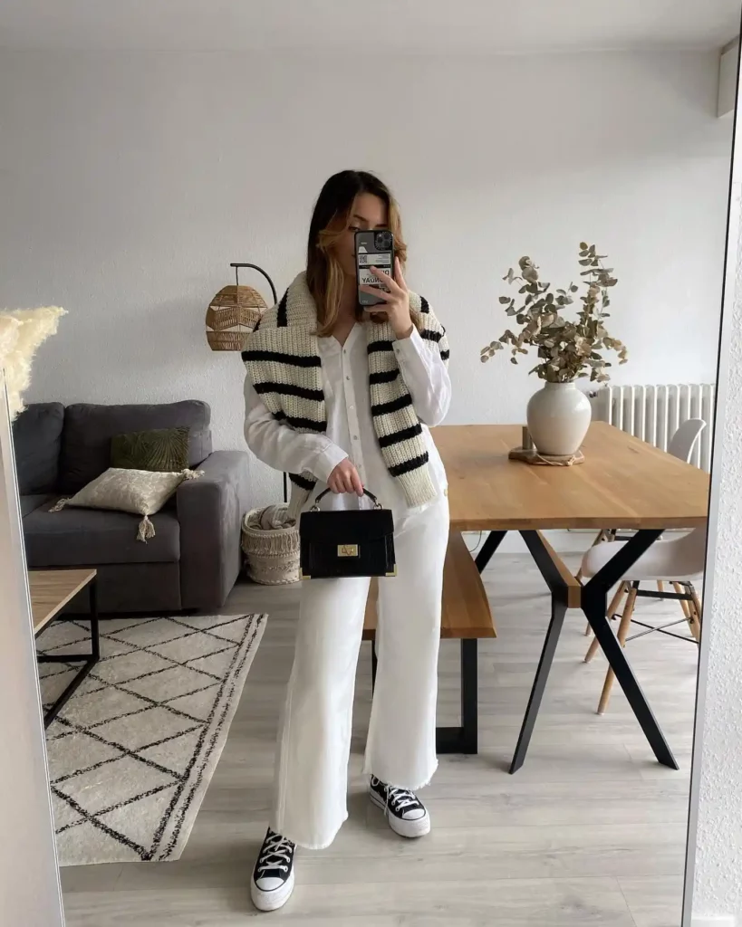Striped Knitwear with White Jeans Office Outfit