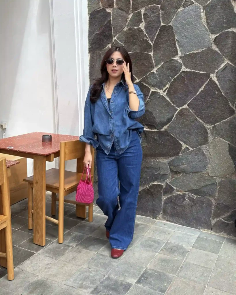 Denim Shirt with Dark Blue Jeans Office Outfit