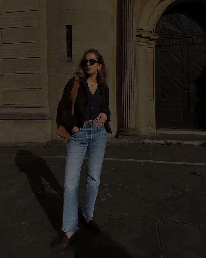 Black Blazer with Light Blue Jeans Office Outfit