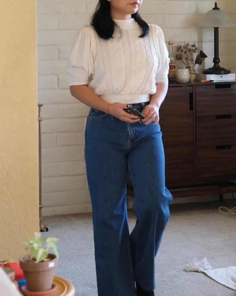 White Textured Blouse with Dark Blue Jeans Office Outfit