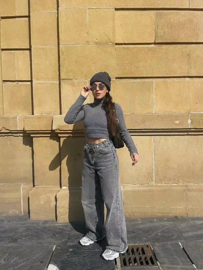 Grey Knit Top with Wide-Leg Grey Jeans Office Outfit