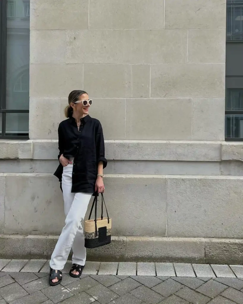 Black Button-Down Shirt with White Jeans Office Outfit