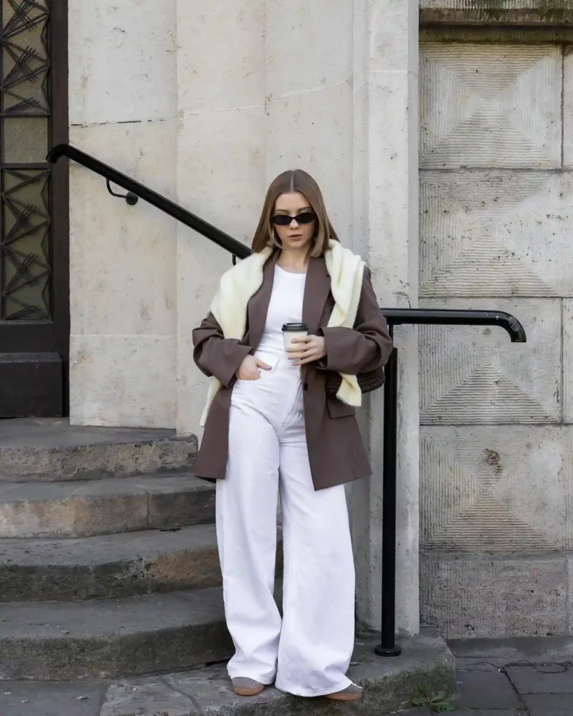 Brown Blazer with White Jeans Office Outfit